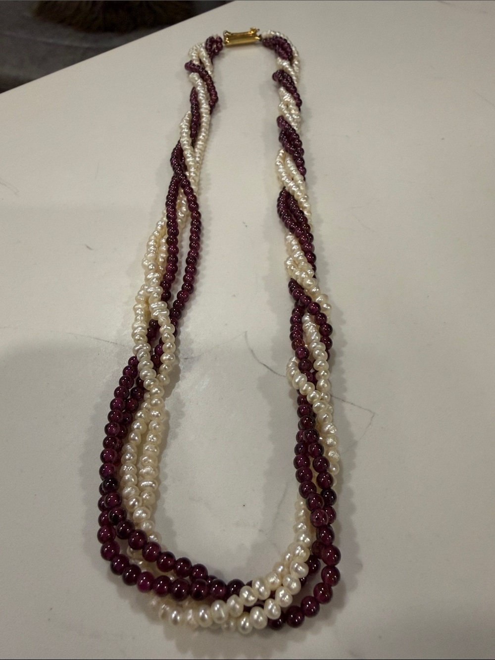 Twisted Pearl and Garnet Bead Necklace